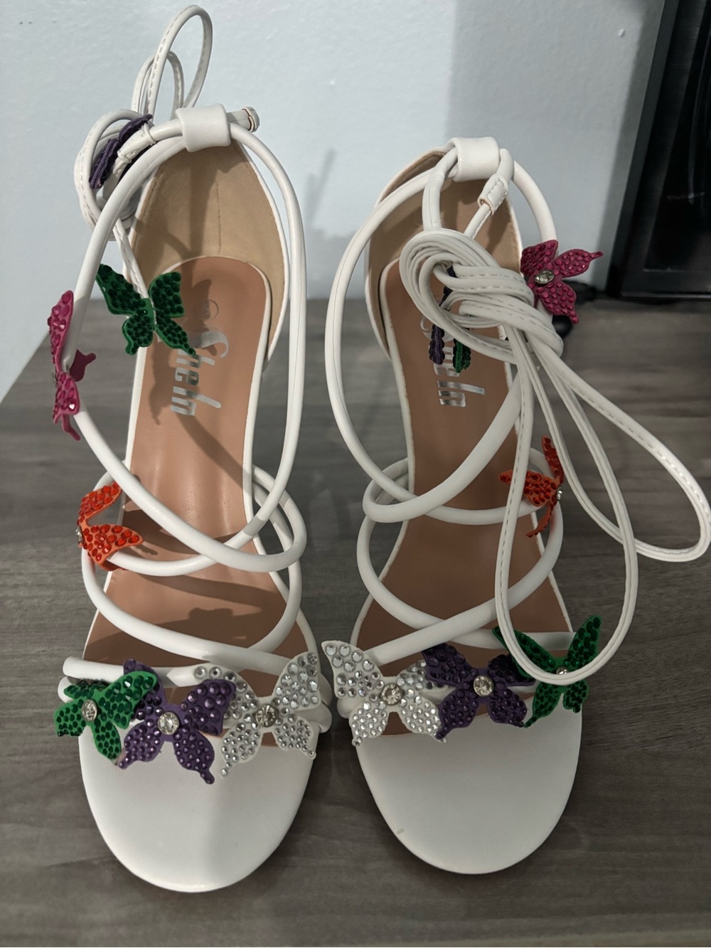 SHEIN White Lace-Up Heels with Multicolor Butterfly Embellishments